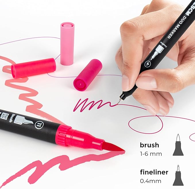 Pink Duo Tip Marker Pens, 12 Pack Fine & Brush Markers for Adult Coloring Books No Bleeding, Blushing Pink Markers for Romantic Illustrations, Floral Designs, Cute Doodling and Lettering