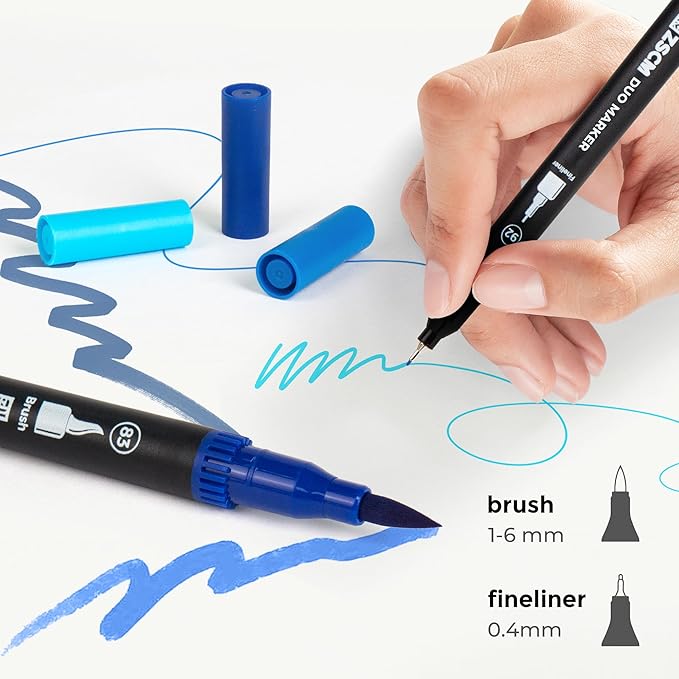 Blue Duo Tip Marker Pens, 12 Pack Fine & Brush Markers for Adult Coloring Books No Bleeding, Ocean Blue Markers for Sky & Sea Landscapes, Water Effects, Calming Mandalas and Journaling