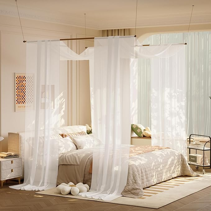 lazyzzz White Canopy Bed Curtains Princess Bed Canopy Scarf for Queen/King Metal Bed Frame,Wood Frame Bed, Bed Canopy for Girls Boys-2 Panel Sheer Curtain 39.4" W x 315" L