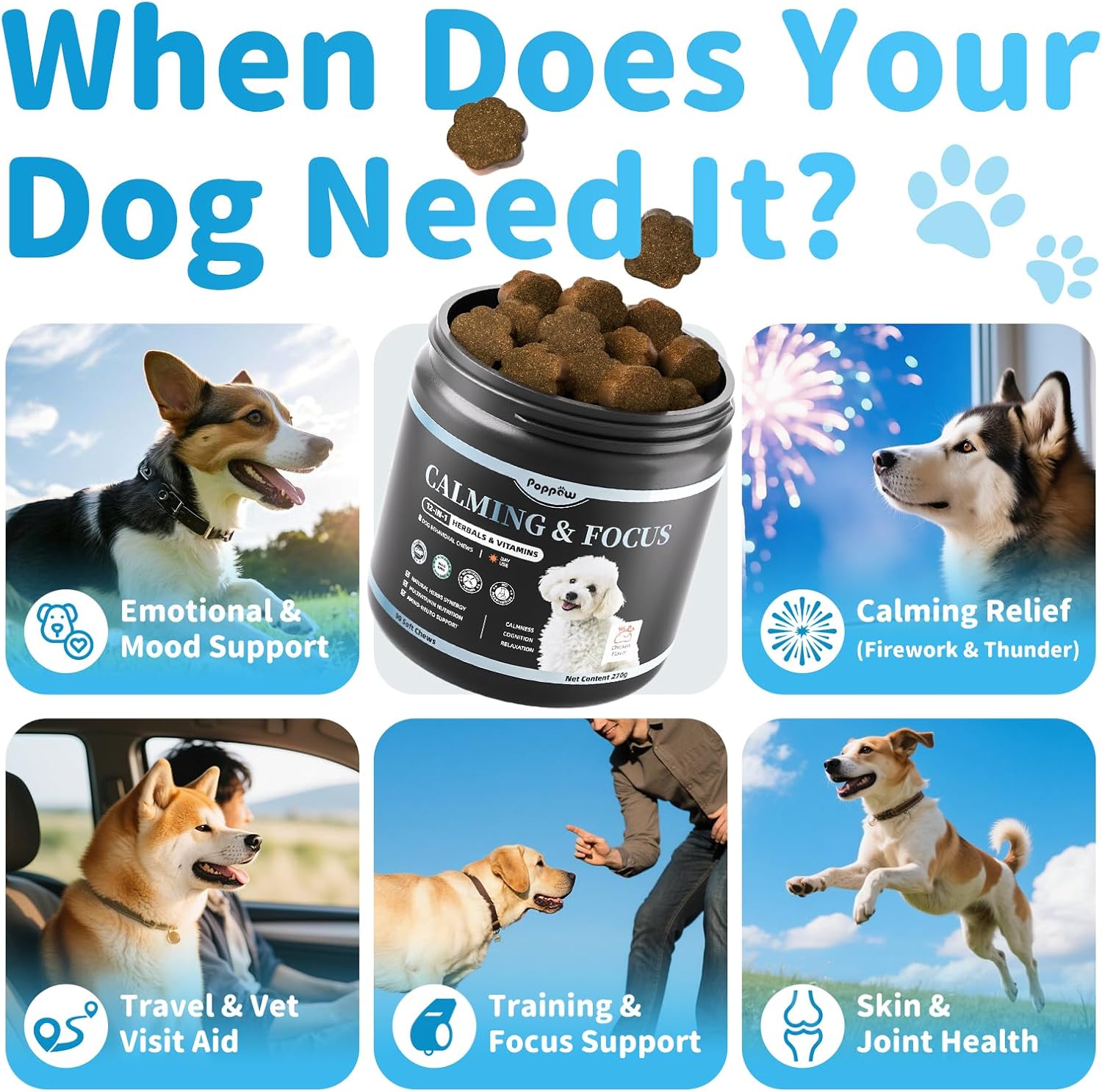 Calming Chews for Dogs – Calming Treats for Anxiety, Stress, Separation, Travel&Thunder, Relaxation & Focus Support with L-Theanine, Valerian Root, Chamomile & Ashwagandha, Chicken Flavor, 90Ct
