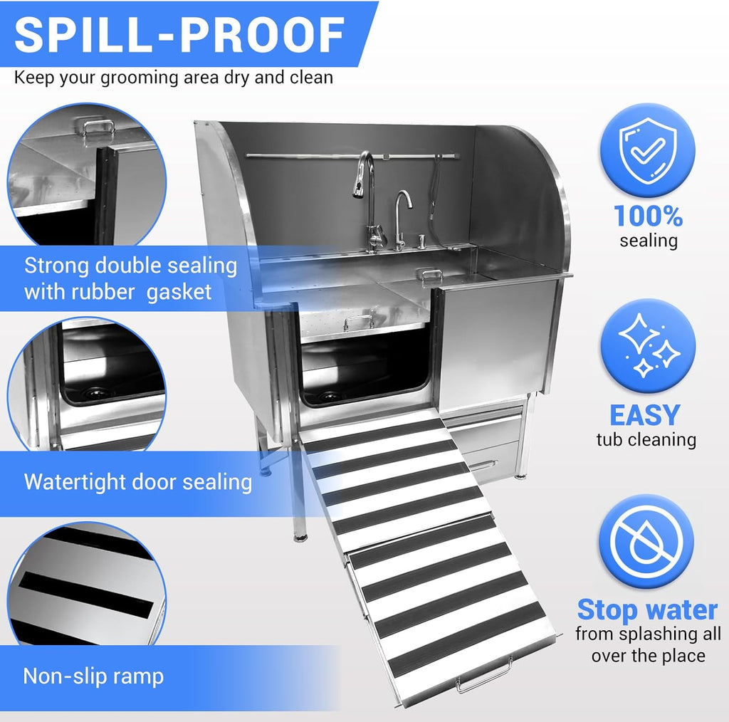 Professional Dog Grooming Tub, 62" Stainless Steel Dog Wash Station with Foldable Ramp, Storage Drawer, Floor Grate & Faucet/Dog Bathtub for Large, Medium & Small Pets - Left Door (62")