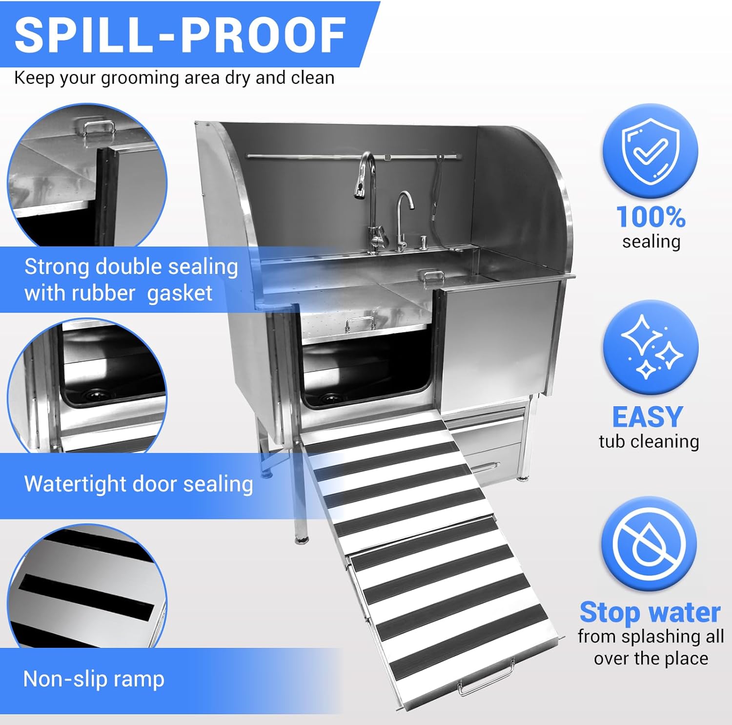 Professional Dog Grooming Tub, 62" Stainless Steel Dog Wash Station with Foldable Ramp, Storage Drawer, Floor Grate & Faucet/Dog Bathtub for Large, Medium & Small Pets - Left Door (62")