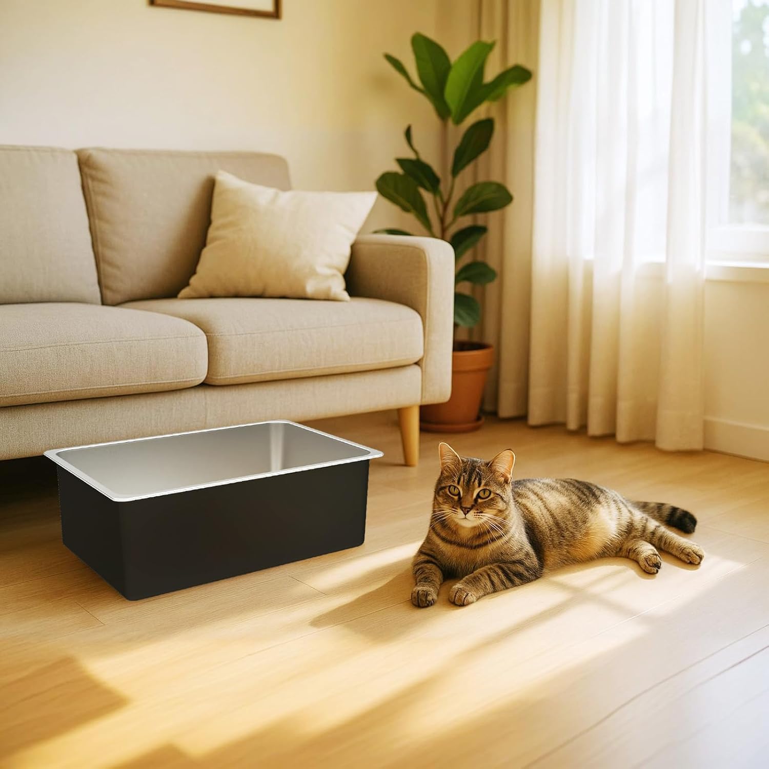 Ohtomber Stainless Steel Litter Box - High Sided Metal Cat Litter Box Pan, Never Absorbs Smell, Easy to Clean Non Stick Cat Litterbox Tray Toilet Pet Supplies for Indoor Kitty, Kitten, Rabbit, Puppy