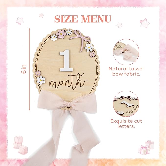 Baby Monthly Milestone Wooden Sign with Numbers and Stand – Natural Wood Milestone Board for Newborn Monthly Growth Photos – Cute 3D Flowers Photo Prop for Baby Milestone Memories (Light Pink Ribbon)