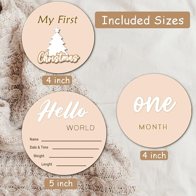 Monthly Baby Milestone Maker Discs, Baby Milestone Signs for Newborn Baby, Hello World Newborn Sign for Baby Girl & Boy, Baby Announcement Sign for 1-12 Month, Milestone Wooden Circles (White)