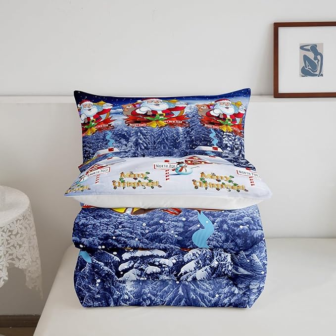 Feelyou Kids Christmas Bedding Set Xmas Santa Claus King Size Comforter Set for Boys Girls Merry Christmas Warmth Comforter Galaxy Blue Decor Quilt Collection 3Pcs