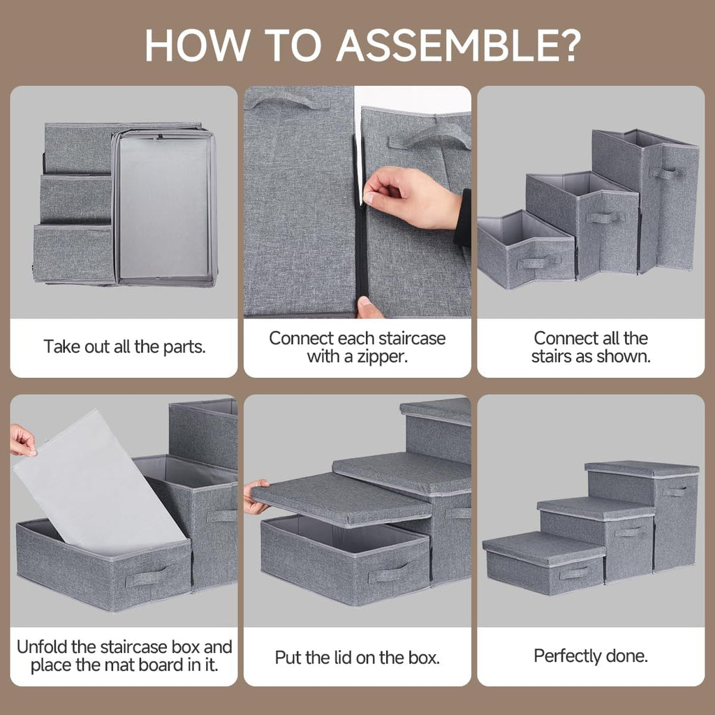 Pet Stairs with Storage, Pet Step for Small Dogs and Cats, 3-Step Folding Pet Steps with Zip, Cat Stairs Dog Steps for Bed, Couch and Car Ramp (Gray, 3 Steps no Condo)