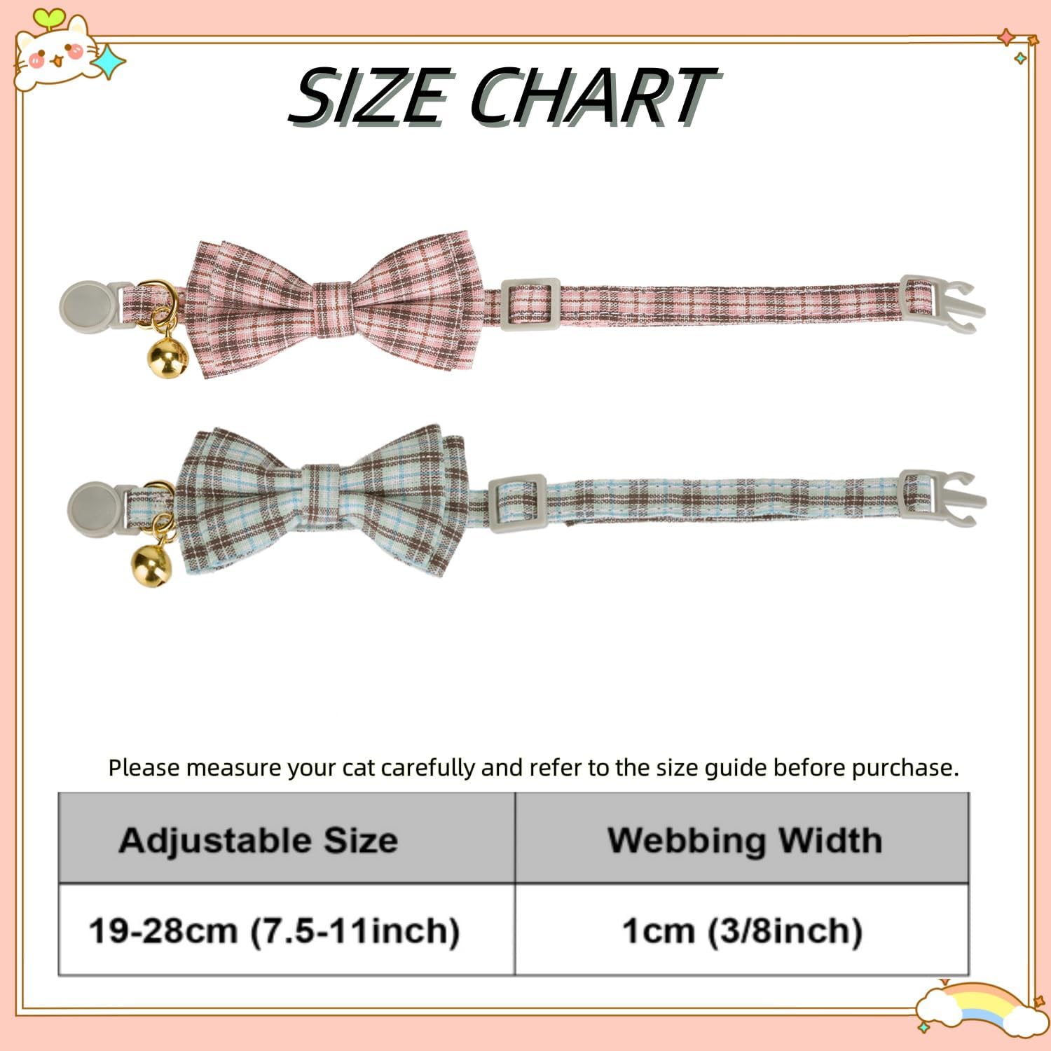 2 Pack Soft Cotton Cat Collars with Bowtie and Bell Breakaway Plaid Cat Kitten Collar(Pink and Jade Green)