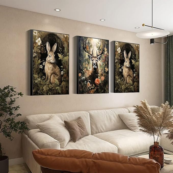 3pcs Vintage Forest Animal Canvas Wall Art Wild Animal Deer Rabbit Fox Paintings Pictures Dark Academia Wall Decor Gothic Botanical Posters Print Artwork for Living Room Office Decor 16x24in Unframed
