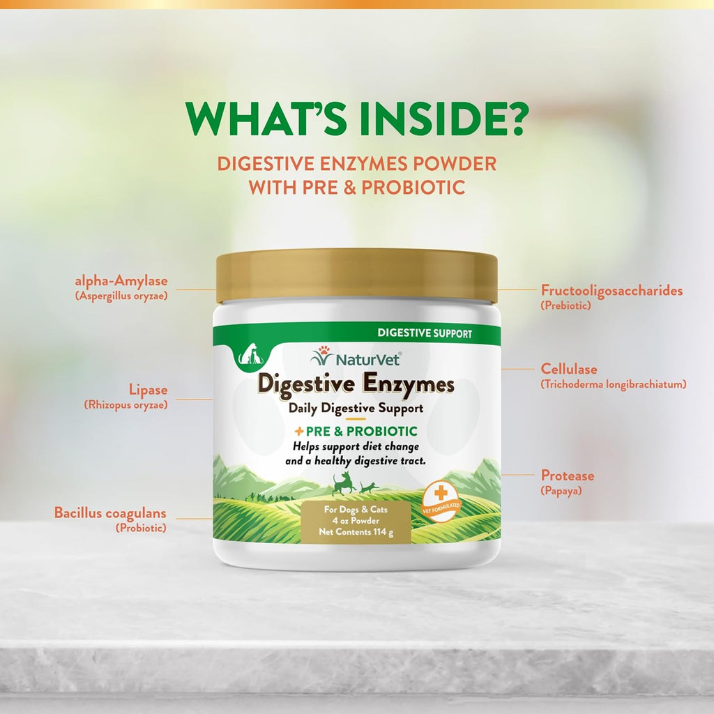 NaturVet – Digestive Enzymes for Dogs - Plus Probiotics & Prebiotics | Helps Support Diet Change & A Healthy Digestive Tract | for Dogs & Cats | 4 oz Powder