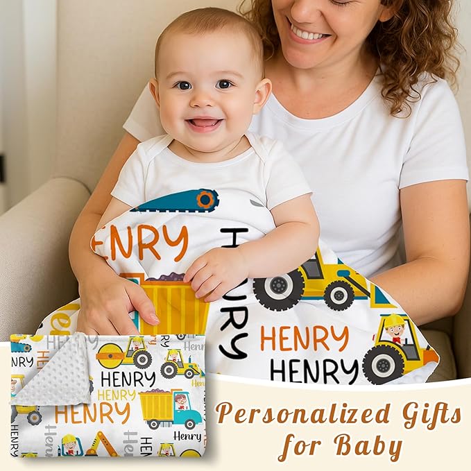 Personalized Baby Blankets for Boys, Custom Name Blanket Birthday Gift for Kid, Soft Flannel Blanket with Dotted Backing for Infants Toddlers, Customized Gifts, Yellow Truck(47" x60)