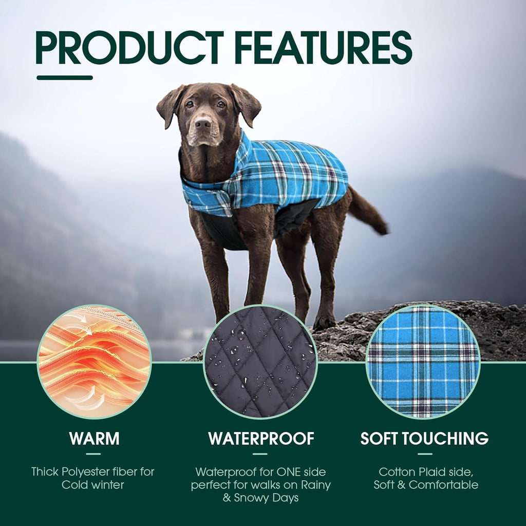 Kuoser Waterproof Dog Coat, Reversible Dog Jacket for Large Dogs, Adjustable Durable Doggie Winter Coat for Groowing Puppies Warm Puppy Cold Weather Apparel, Blue L