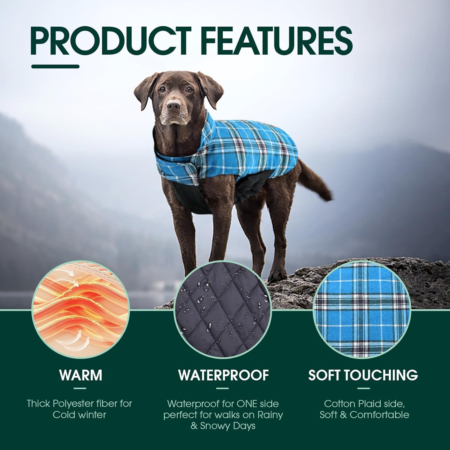 Kuoser Waterproof Dog Coat, Reversible Dog Jacket for Large Dogs, Adjustable Durable Doggie Winter Coat for Groowing Puppies Warm Puppy Cold Weather Apparel, Blue L