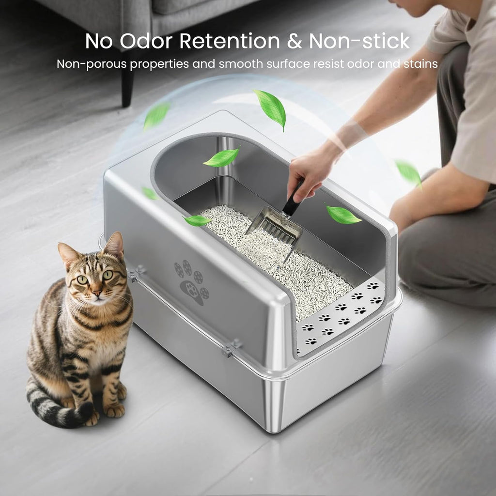 Enclosed Stainless Steel Cat Litter Box with Lid, Metal Litter Box for Big Cats, Extra Large Cat Toilet with High Side, Non-Stick, Anti-Leakage, Odorless, with Cats Litter Mat & Litter Scoop