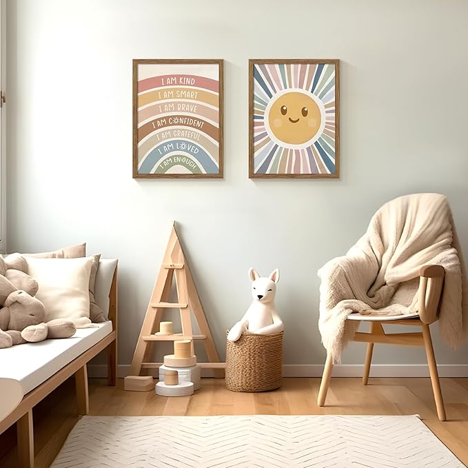 Dytila 2 Piece Framed Boho Rainbow Kids Room Wall Art, Positive Affirmations Playroom Wall Decor, Sun Smiley Face Nursery Painting Canvas Prints for Classroom Toddler Room Decor 16x24 Inch