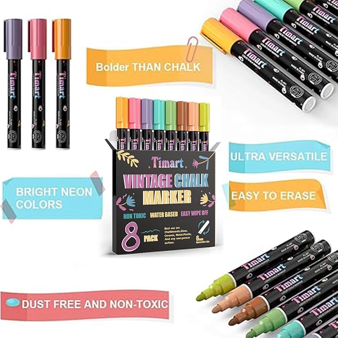 Timart Vintage 8 Pack Liquid Chalk Markers, Bold Wet & Dry Erase Marker Pens for Chalkboards Signs, Blackboards, Windows, Glass- 6mm Reversible Tip, with Chalkboard Labels