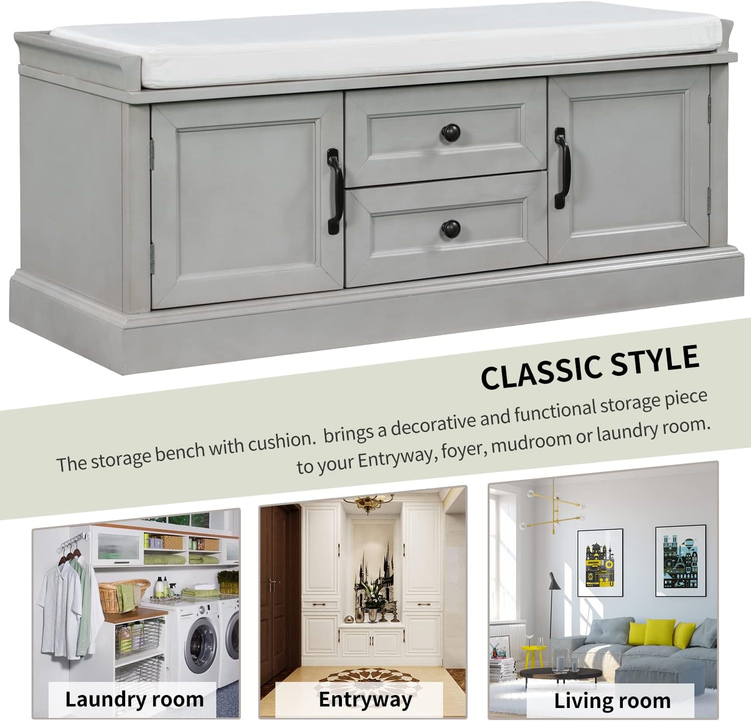 Shoe Storage Bench with 2 Drawers and 2 Cabinets, Pine Wood Shoe Bench with Removable Cushion for Living Room, Entryway 42.5" L x 15.9" W x 17.5" H (Gray Wash)