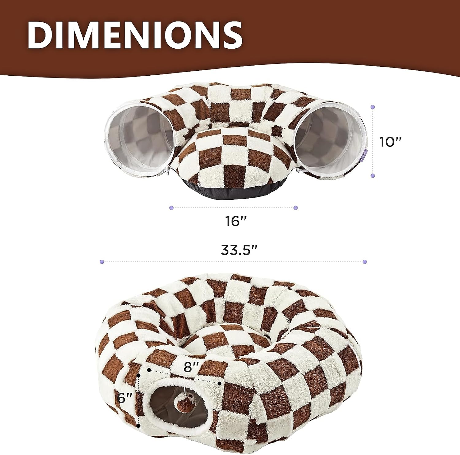 Cat Tunnel Bed with Washable Cushion for Indoor Cat, Donut Cave Tube Toys for Kitten Puppy Rabbit, Brown