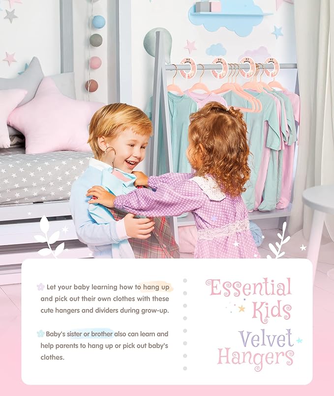 VIS'V Baby Hangers, 11 Inch Velvet Kids Hangers with 6 Pcs Clothes Size Dividers, Infant Toddler Nursery Closet Organization, Non Slip, Pink, 50 Pcs