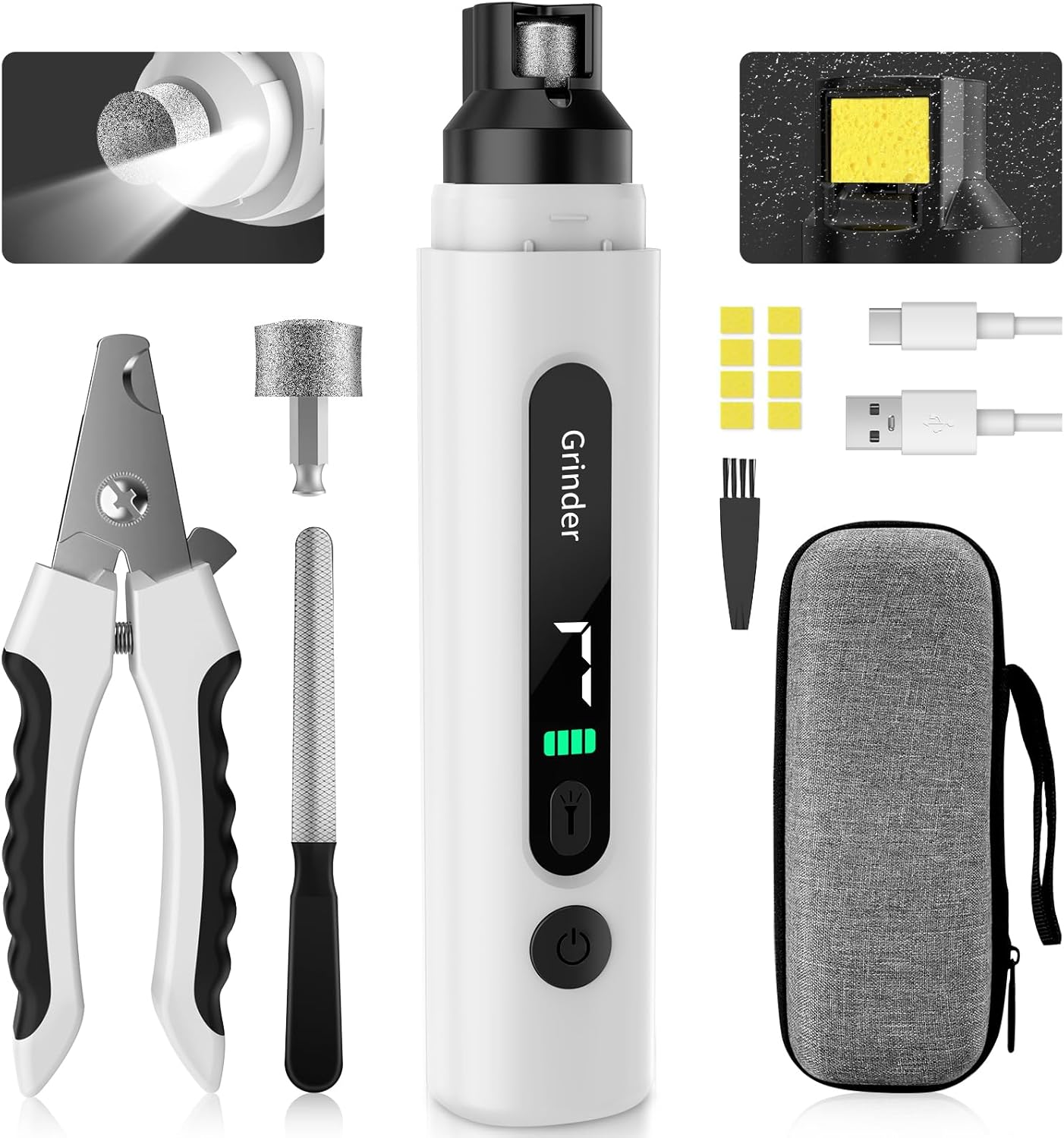 Dog Nail Grinder, 7-Speed Electric Dog Nail Trimmers with Dust-Absorbing Sponge & File for Small/Medium/Large Dogs & Cats, Rechargeable Dog Nail Clippers Grooming Kit Includes Storage Bag
