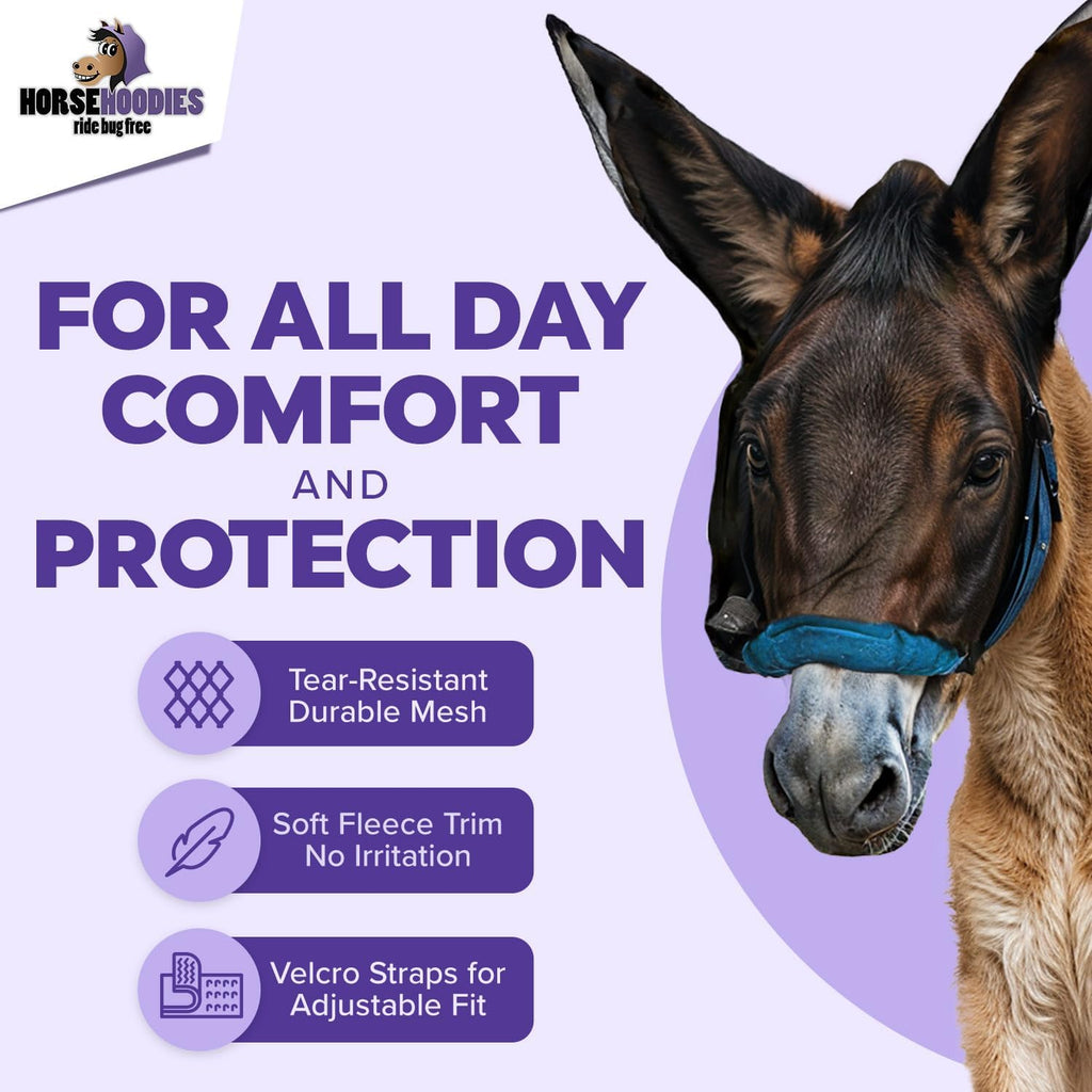Donkey Fly Mask with Long Ears (Blue) Half Hoodie for Standard Donkey, Made in USA - Mule Fly Mask with Ears Protection from Insects and Bugs, Face Cover Soft Mesh Fabric with Adjustable Fastener