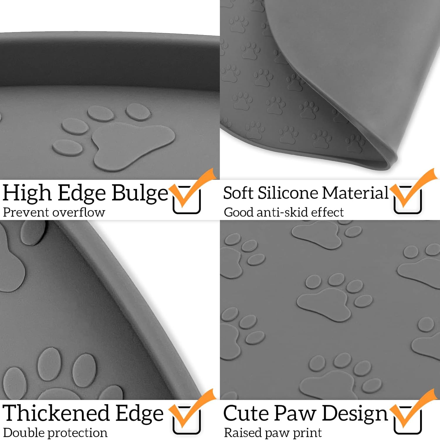 KPWACD Pet Feeding Mat for Dogs and Cats, Silicone Dog Placemat Non-Slip Waterproof Bowl Mats Prevent Food and Water Overflow, High-Lips Puppy Dish Tray Mat Suitable for Large Medium Small Pets, Grey
