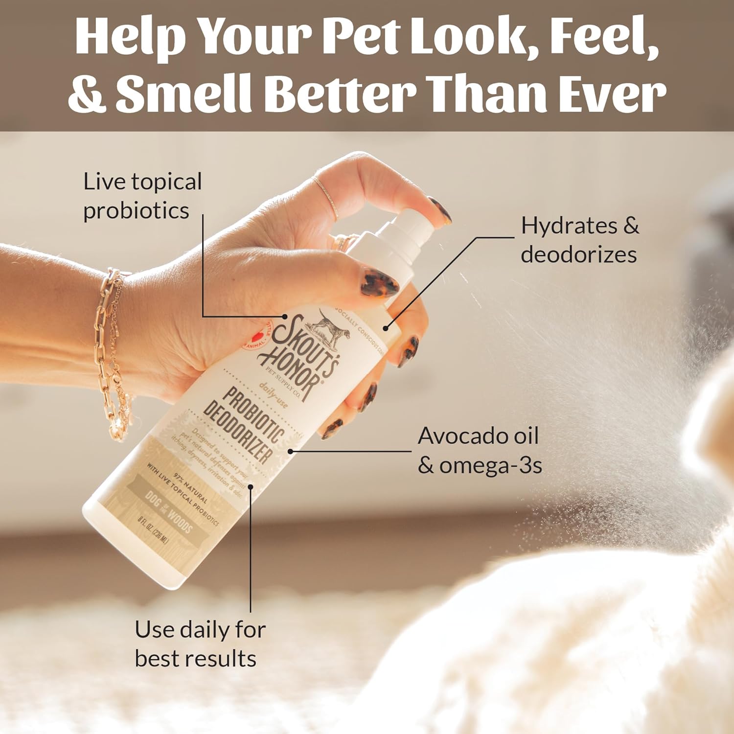SKOUT'S HONOR Probiotic Pet Deodorizer Spray- Hydrating Daily-Use with Avocado Oil & Omega-3s, Microbiome Friendly Certiified, Paraben & Sulfate-Free, 97% Natural, 8oz, Dog of The Woods
