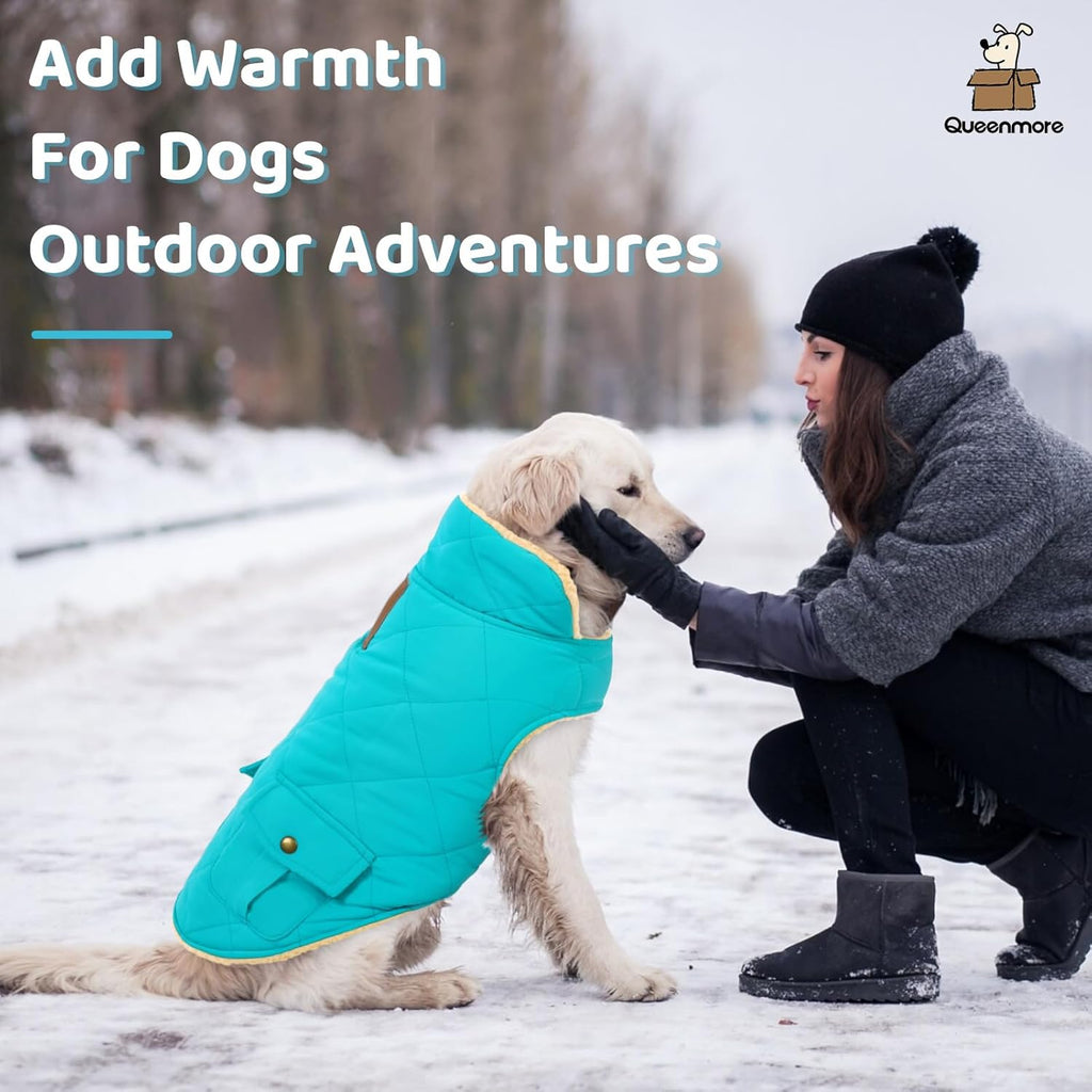 Queenmore Warm Dog Coat, Cold Weather Puffer Dog Coat Vest, Quilting Winter Pet Jacket Ultra Thick Plush Fleece Lining Pet Clothes for Dogs with Storage Pockets (Light Blue, X-Small)