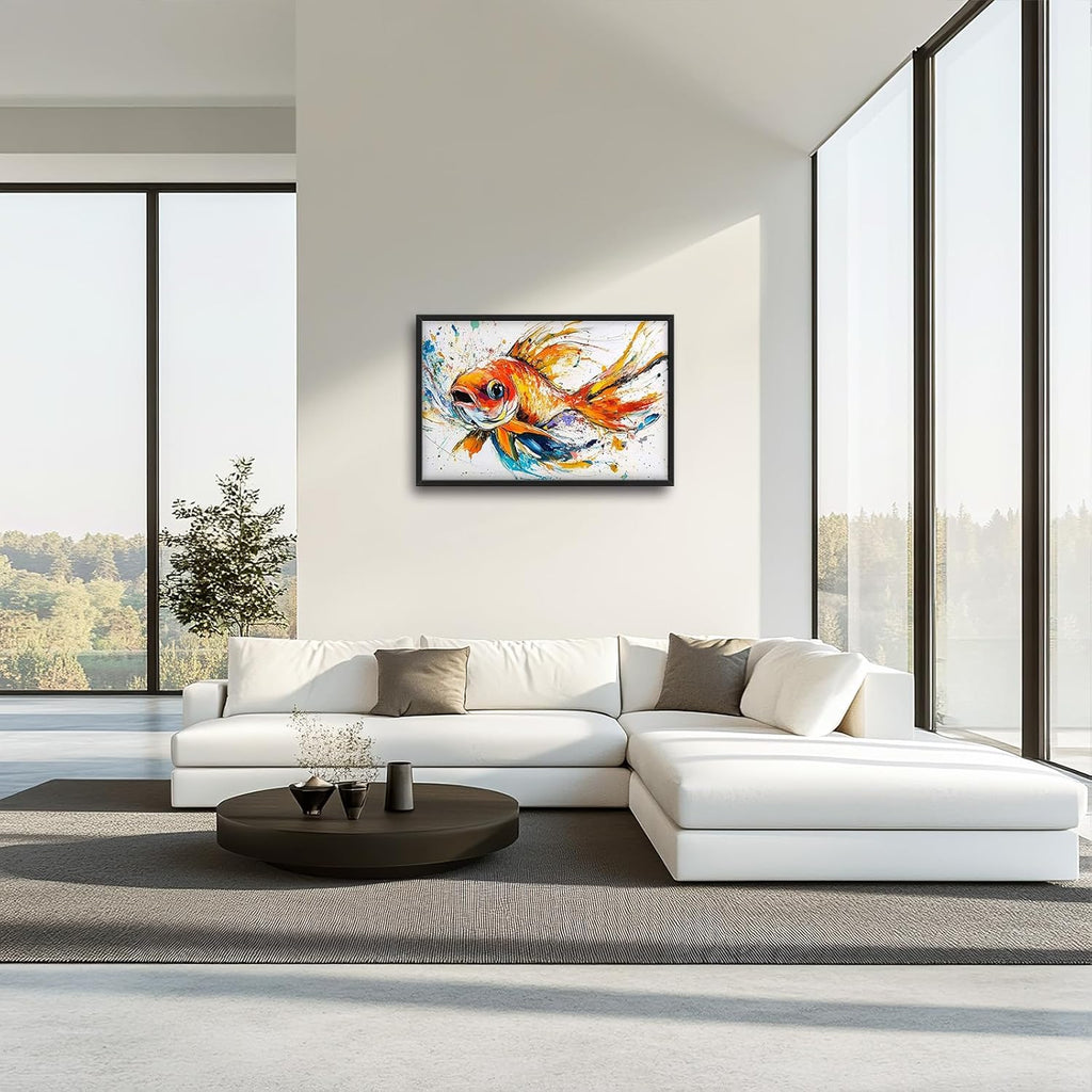 Framed Large Fish Wall Art for Living Room, Oversized Graffiti Goldfish Wall Decor Watercolor Fishing Canvas Painting Modern Artwork Home Decoration for Living Room Bedroom Office 36"x24"