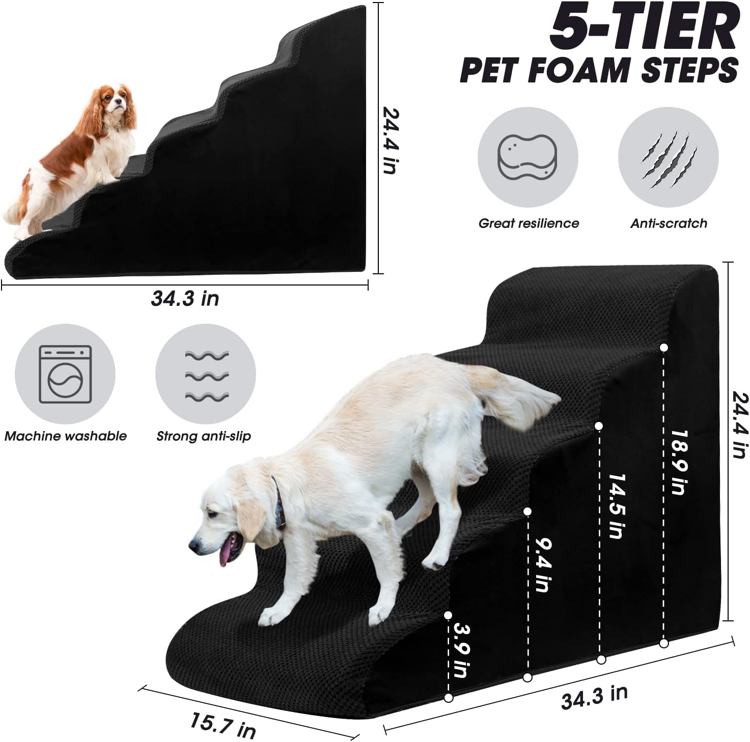 Dog Steps&Stairs for High Beds 24.4 inches High Up to 24-28 inches Bed, Tall Extra Wide Pet Stairs/Steps for High Bedsides,Non-Slip Dog Ramps for Small Older Dogs/Cats(Black)