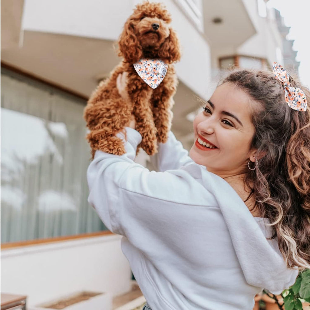 E-Clover Dog Bandanas & Matching Scrunchie Set Girl Cute Flower Dog Scarf Bibs Pet Bandana with Bow Tie for Small Dogs Puppy Owner Spring