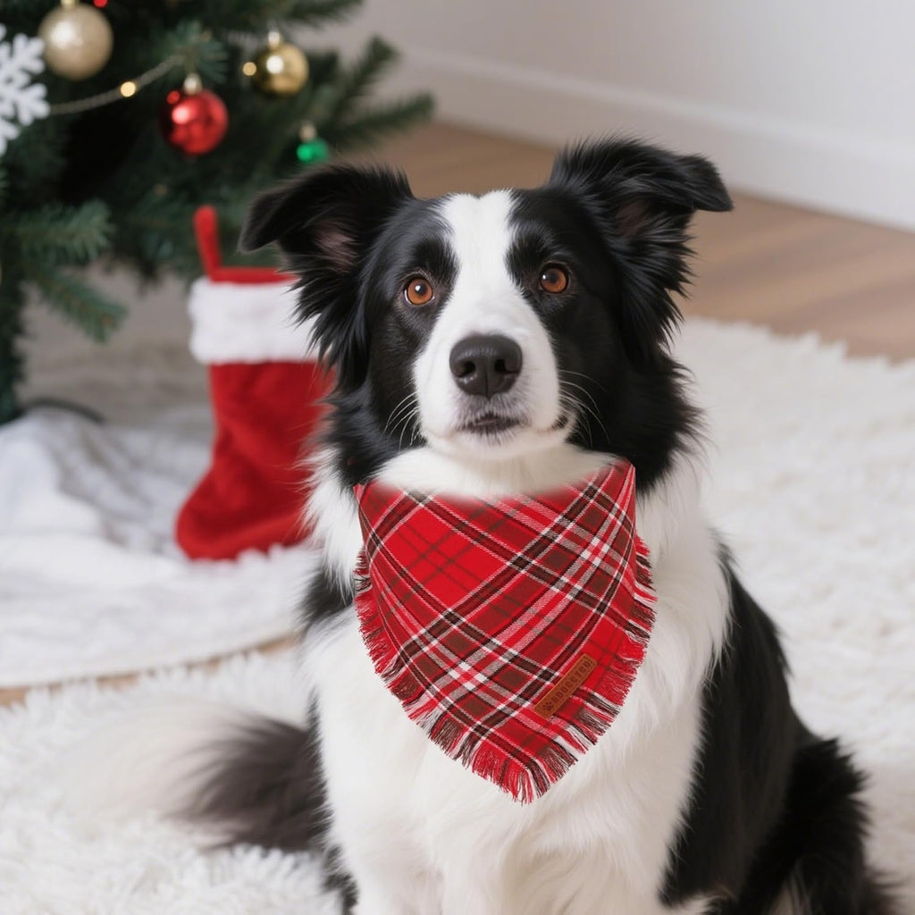 ADOGGYGO Christmas Dog Bandanas with Tassels Edges, Stylish Red Plaid Xmas Scarf, Multiple Sizes, Christmas Bandanas for Medium Large Dogs (Large)