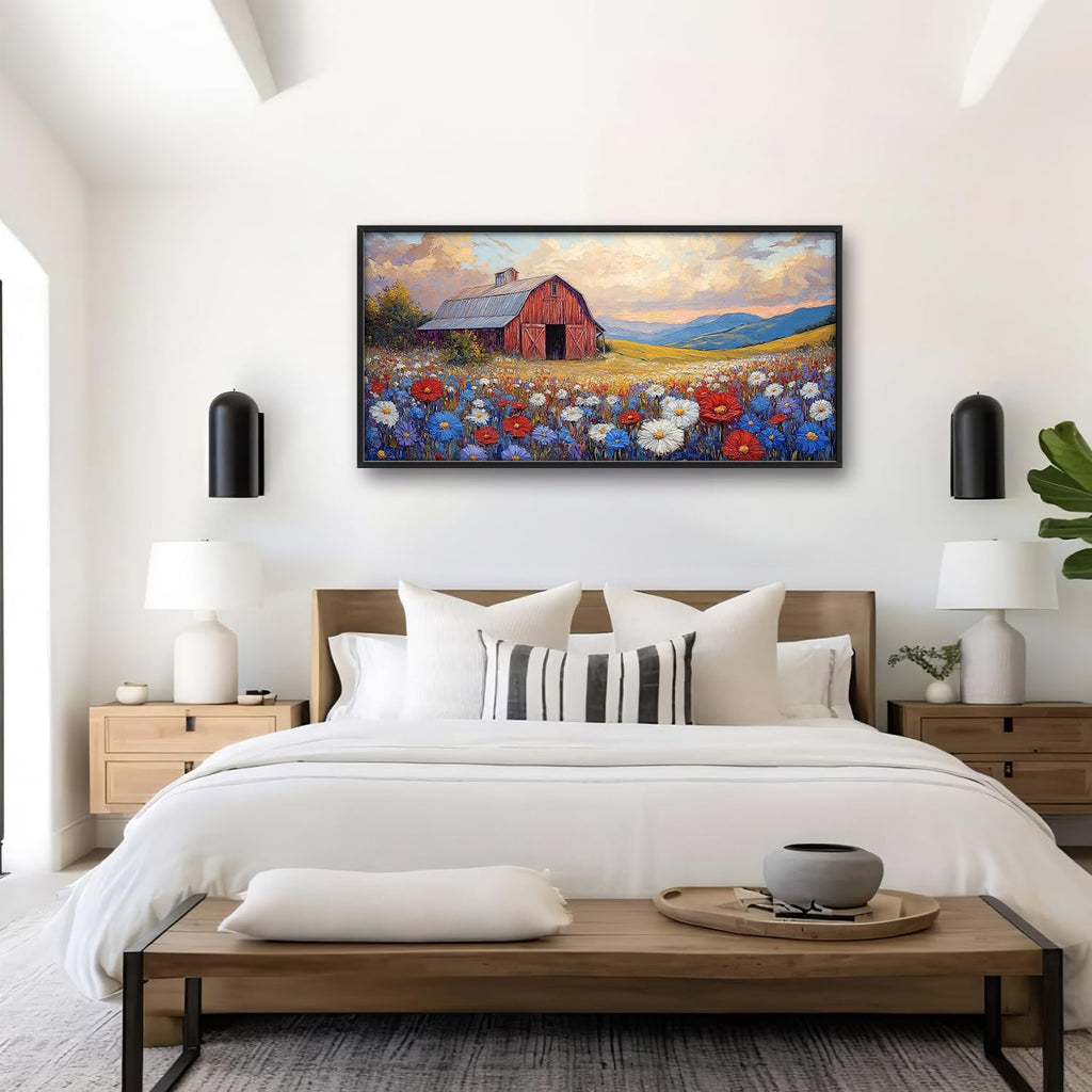 Large Farmhouse Barn Daisy Wall Art for Living Room, Floral Landscape Canvas Oversized Wall Decor, Flower Scenery Framed Pictures Painting Print Artwork for Bedroom Office 60"L x 30"W