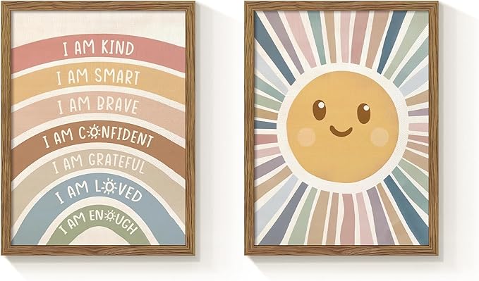Dytila 2 Piece Framed Boho Rainbow Kids Room Wall Art, Positive Affirmations Playroom Wall Decor, Sun Smiley Face Nursery Painting Canvas Prints for Classroom Toddler Room Decor 16x24 Inch