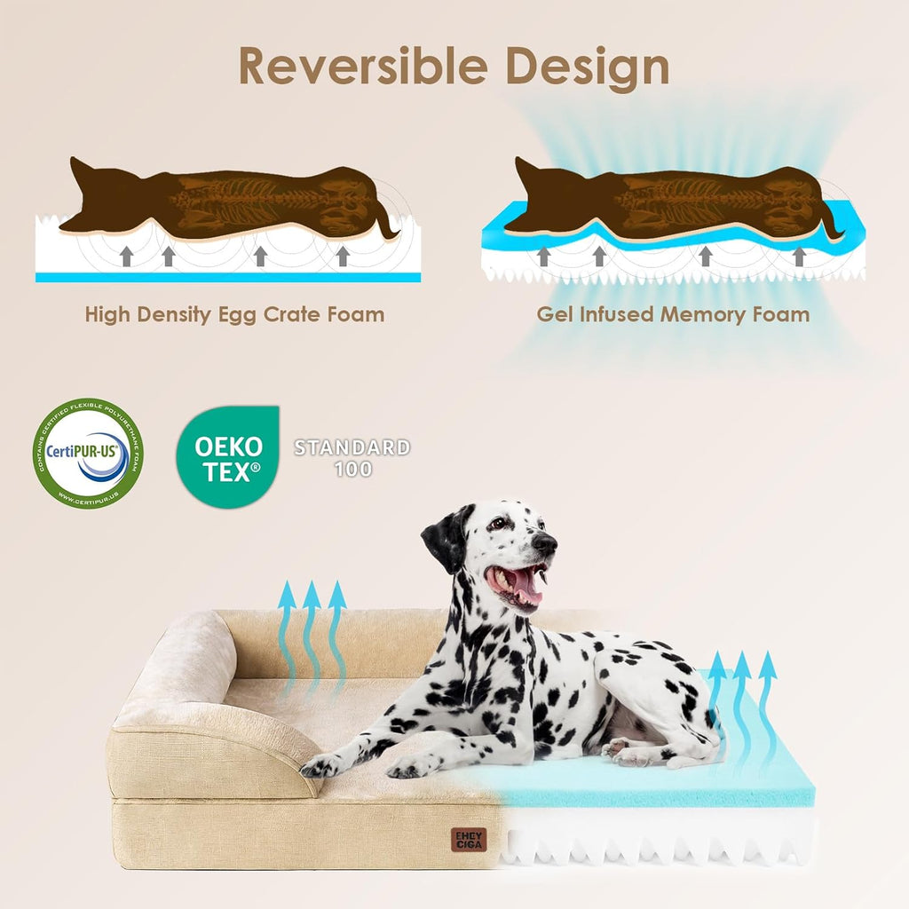 EHEYCIGA Orthopedic Dog Beds for Extra Large Dogs, Waterproof Memory Foam XXL Dog Bed with Sides, Non-Slip Bottom and Egg-Crate Foam Big Pet Couch Bed with Washable Removable Cover, Greige