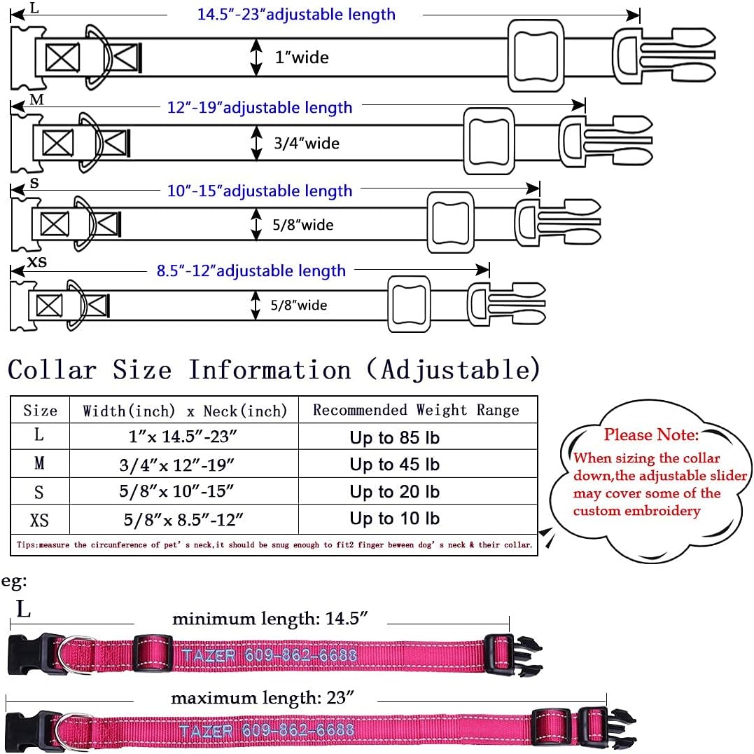 Personalized Dog Collar, Custom Embroidered Pet Name and Phone Number 4 Adjustable Sizes X-Small Small Medium Large Quick Release Buckle and D-Ring