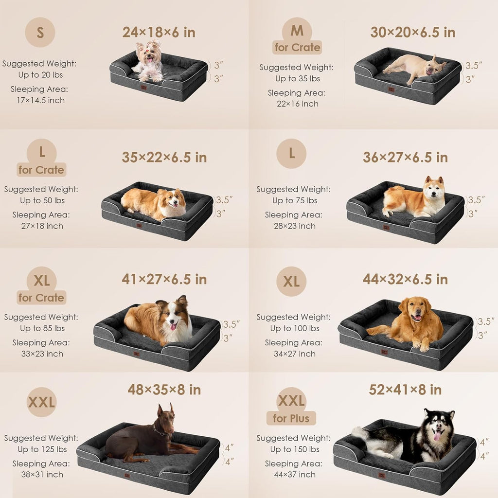 EHEYCIGA Orthopedic Dog Beds for Large Dogs, Waterproof Memory Foam Large Pet Bed with Sides, Non-Slip Bottom and Egg-Crate Foam Dog Couch Bed with Washable Removable Cover, Dark Grey