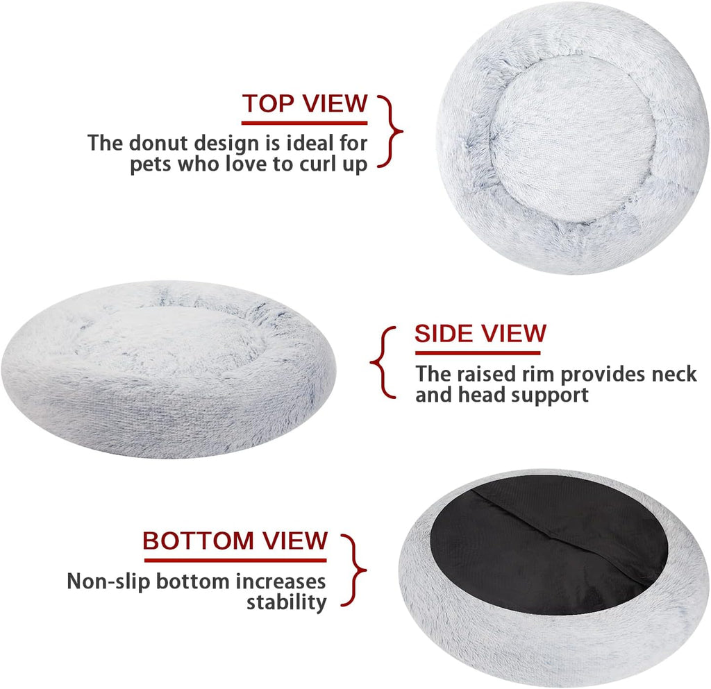 Bedfolks Calming Donut Dog Bed, 23 Inches Round Fluffy Dog Beds for Small Dogs, Machine Washable Anti-Anxiety Plush Puppy Bed（Light Blue, Small）