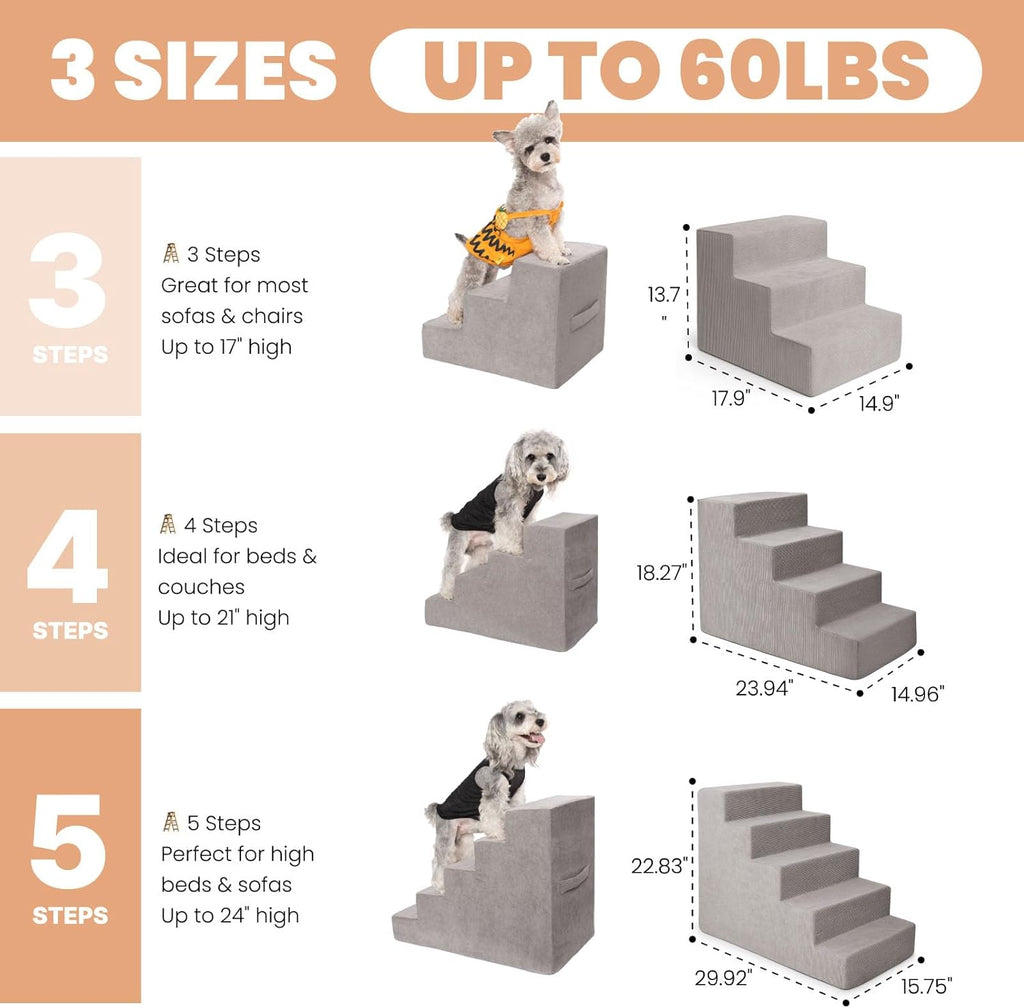 MEWANG Dog Stairs for Small & Medium Dogs and Old Cats –3/4/ 5 Steps High-Density Foam Pet Ramp for Bed & Couch, Non-Slip, Washable Cover, Grey (Square Corner, 4 Steps: 23.94''×18.27''×14.96'', 2)