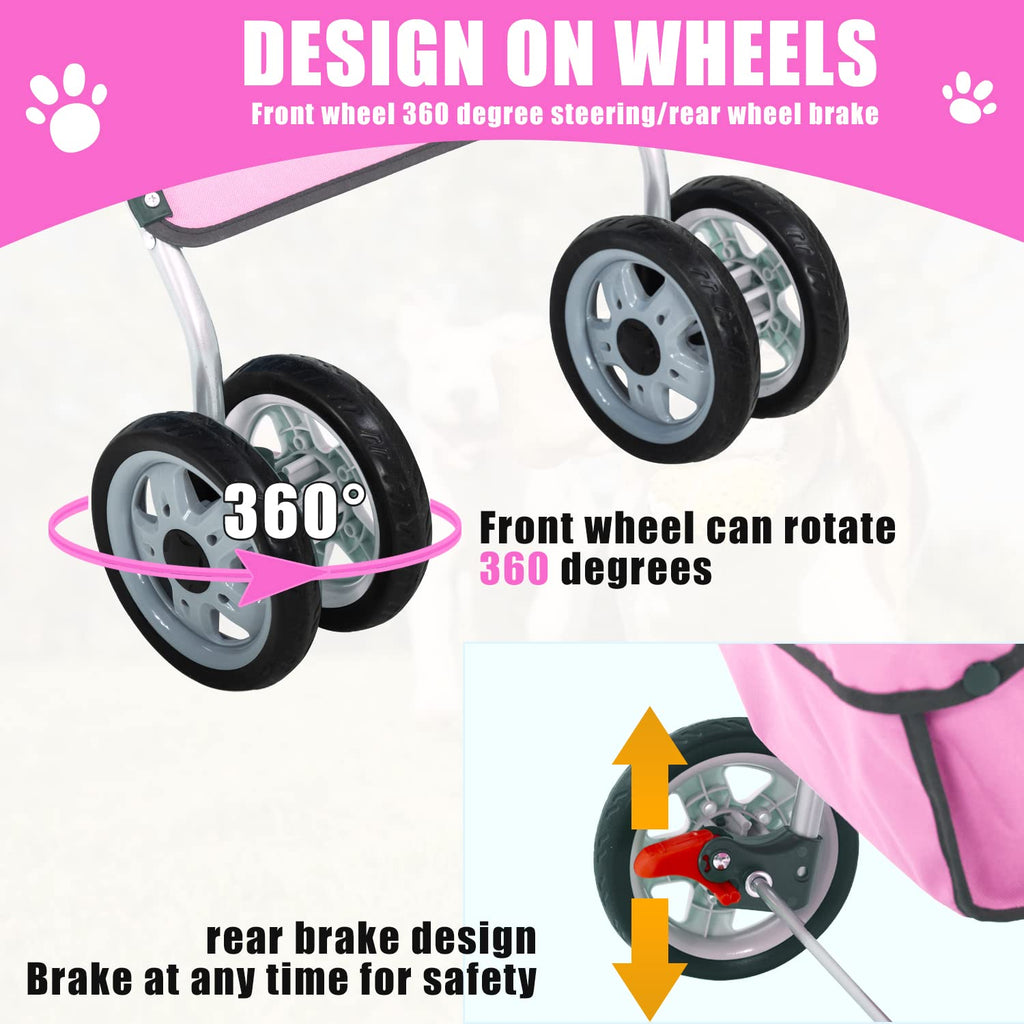 Dog Stroller, Folding 4 Wheels Pet Stroller for Small Medium Dog Cat Travel Carrier with Weather Cover Storage Basket Cup Holders Pink