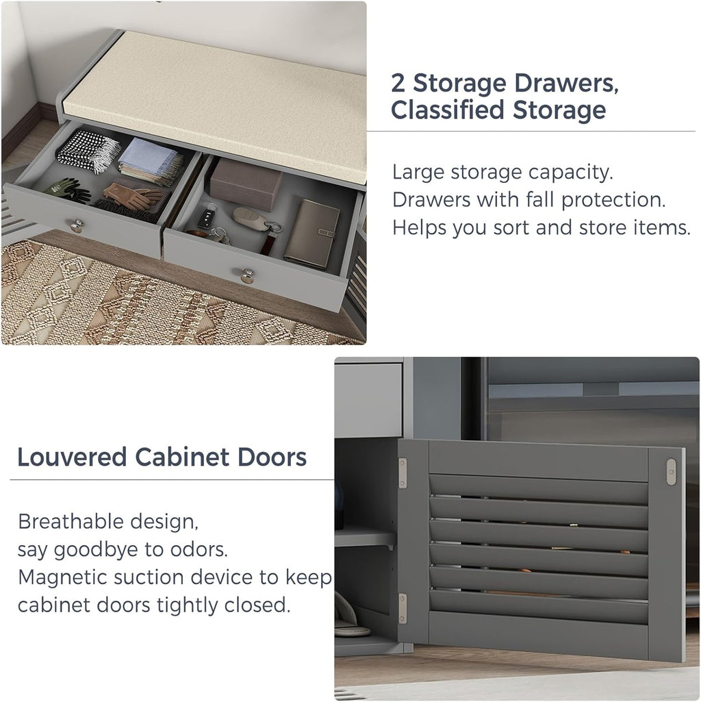 Shoe Storage Bench with 2 Drawers & 2 Doors, Entryway Bench with Cushion, 2 Adjustable Shelves, Shoe Cabinet for Entryway, Living Room, Hallway, Mudroom, Bedroom, Grey