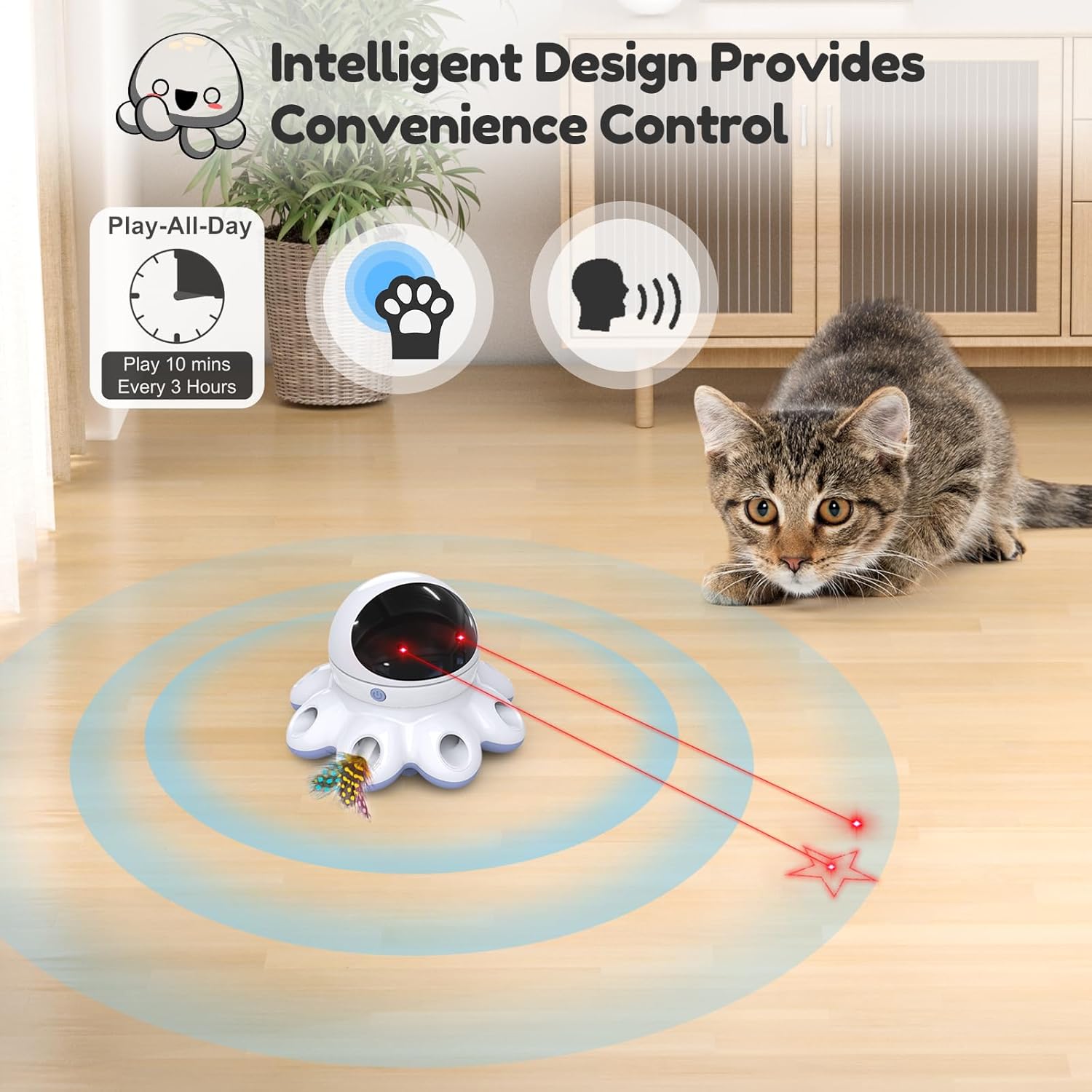 ORSDA Cat Laser Toy, 2-in-1 Interactive Automatic Motion Activated Moving 8 Holes Whack A Mole Feather, USB Rechargeable Electronic Smart Sensor Kitten Toys for Indoor Exercise