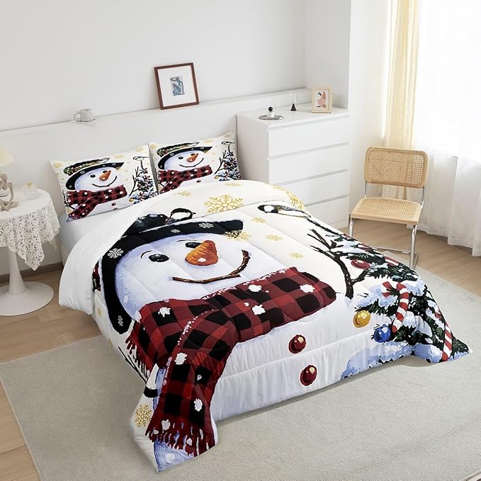 Feelyou Kids Christmas Theme Decorations Bedding Set Xmas Snowman Comforter Set for Boys Girls Snowflake Kawaii Cute Beige Golden Bedroom Collection King Size