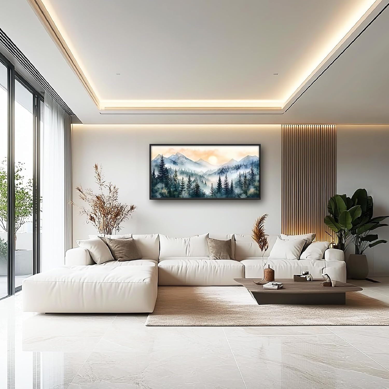 Large Misty Mountain Forest Wall Art for Living Room, Framed Foggy Sunrise Landscape Wall Decor Oversized Watercolor Canvas Painting Modern Artwork Home Decoration for Bedroom Office 60"x30"