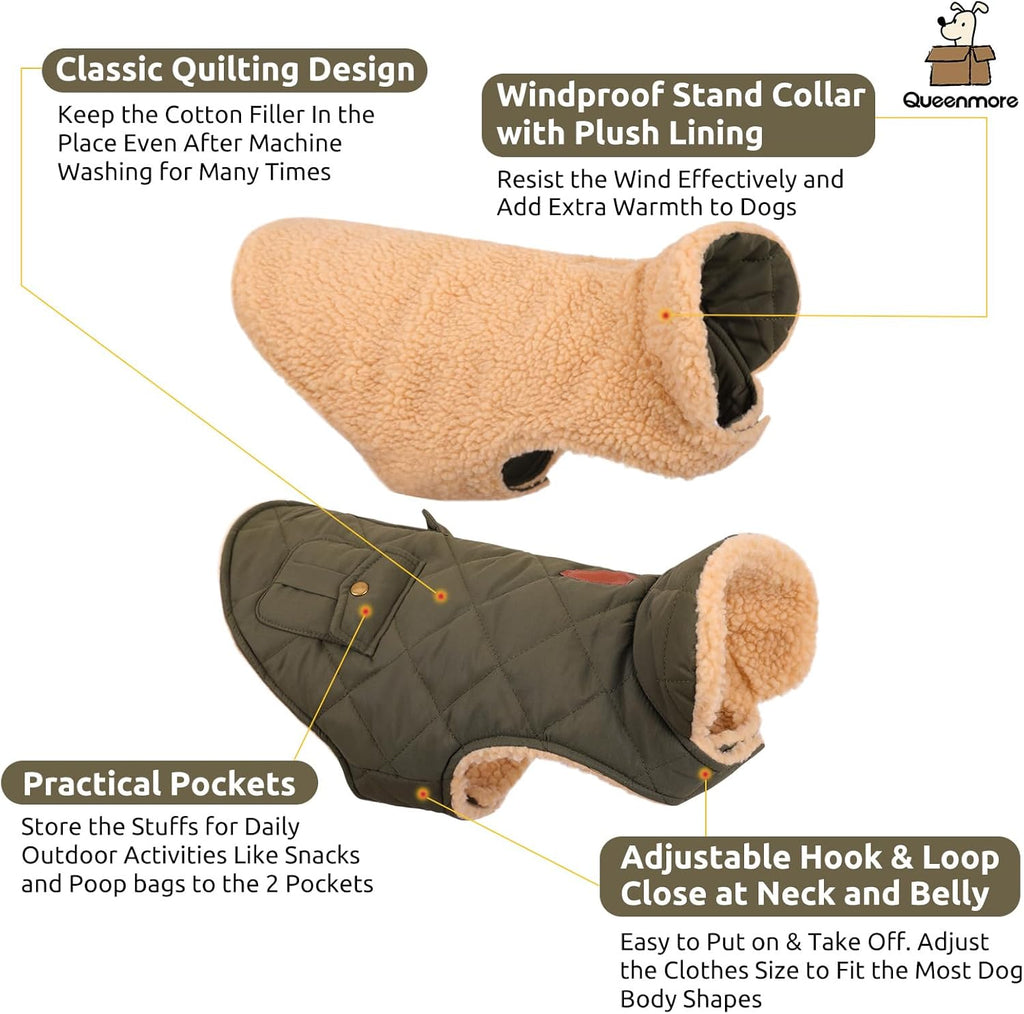 Queenmore Warm Coat for Cold Weather, Quilting Winter Jacket With Ultra Thick Plush Lining and Storage Pockets (Green, X-Large)