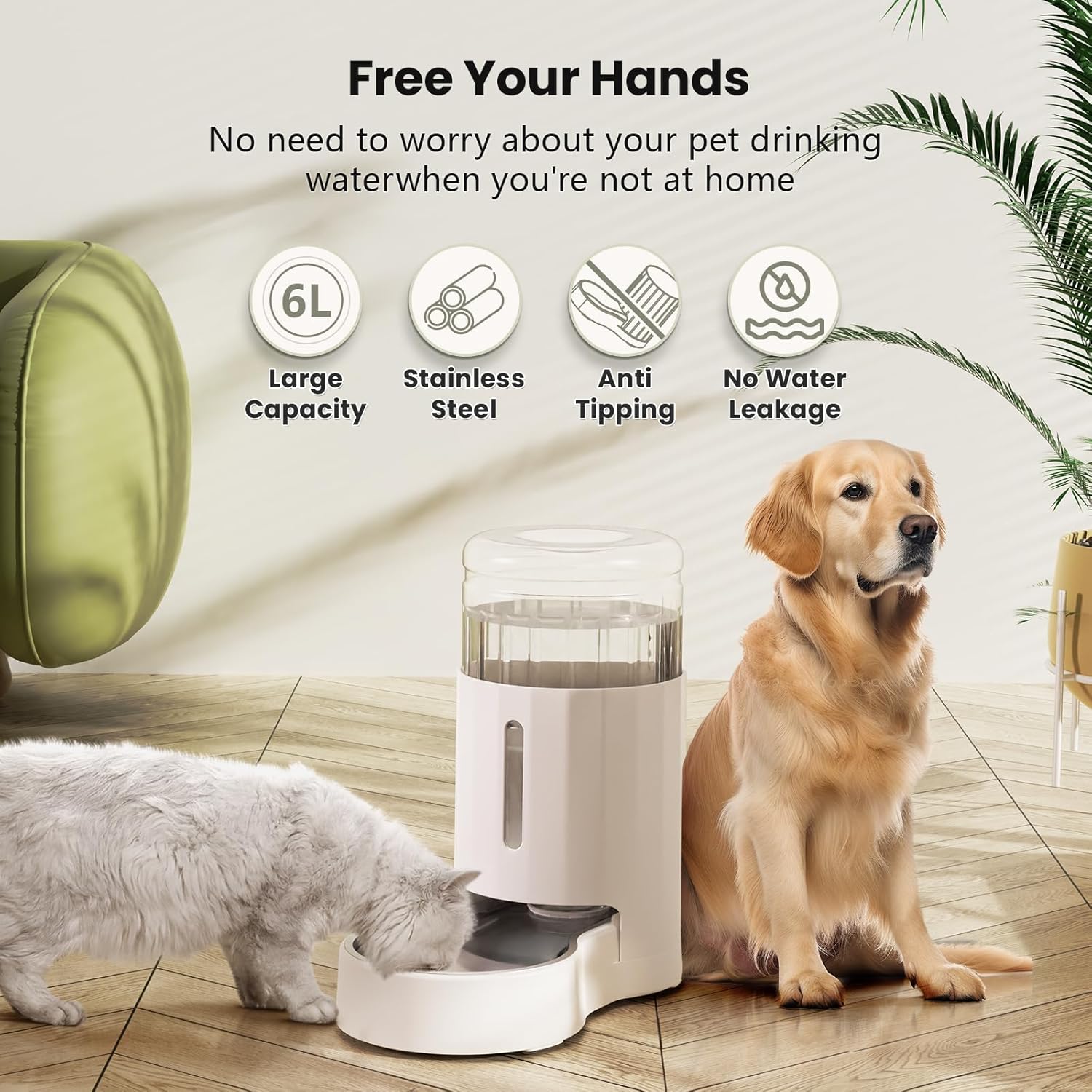 CZPET Automatic 6L Dog and Cat Water Dispenser with Stainless Steel Bowl Gravity Waterer,100% BPA-Free,Large Capacity and Drinking Area Noise-Free for Pets(6L Water Dispenser, White)