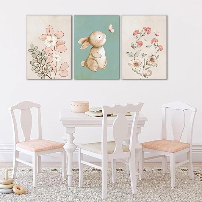 Dytila Framed Nursery Wall Art Set of 3, Pink Flower Botanical Pictures Wall Decor, Green Bunny Paintings, Cute Animal Canvas Prints for Girls and Boys Kids Room, Baby Room Decor 16x24 Inches
