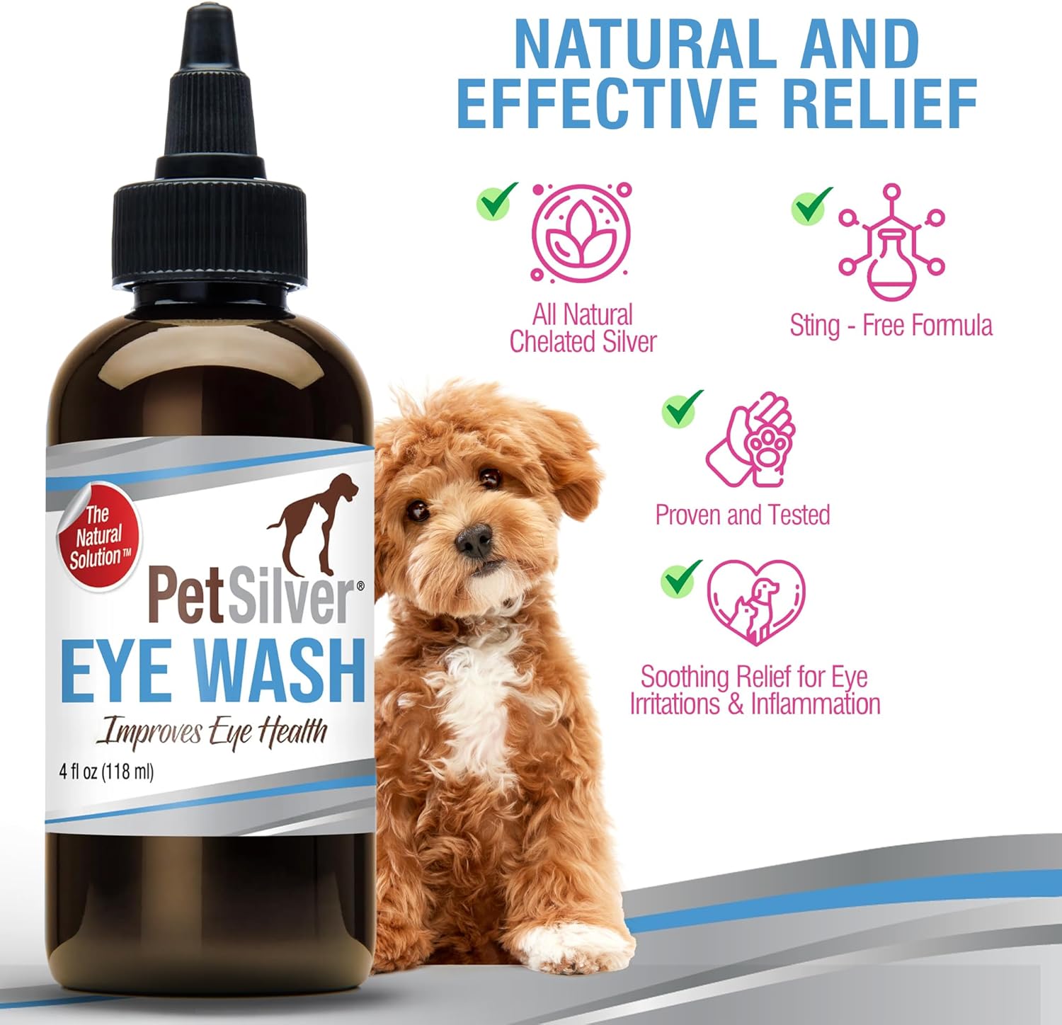 PetSilver Eye Drops for Dogs and Cats - Natural Dog Eye Wash - Relief for Inflammation & Irritation - Pet Eye Cleaner and Tear Stain Remover - Patented Silver Formula - Made in The USA - 4 fl oz