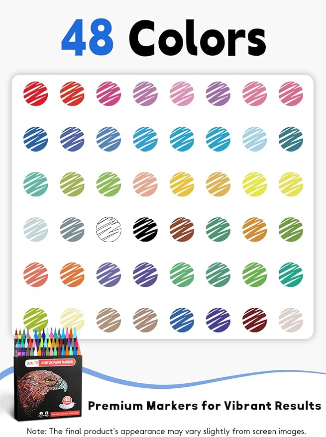 48 Colors Acrylic Paint Markers, Dual Tip Acrylic Paint Pens with Brush and Fine Tips for Kids, Adults, Wood, Canvas, Stone, Rock Painting, Glass, Ceramic Surfaces, DIY Crafts Making