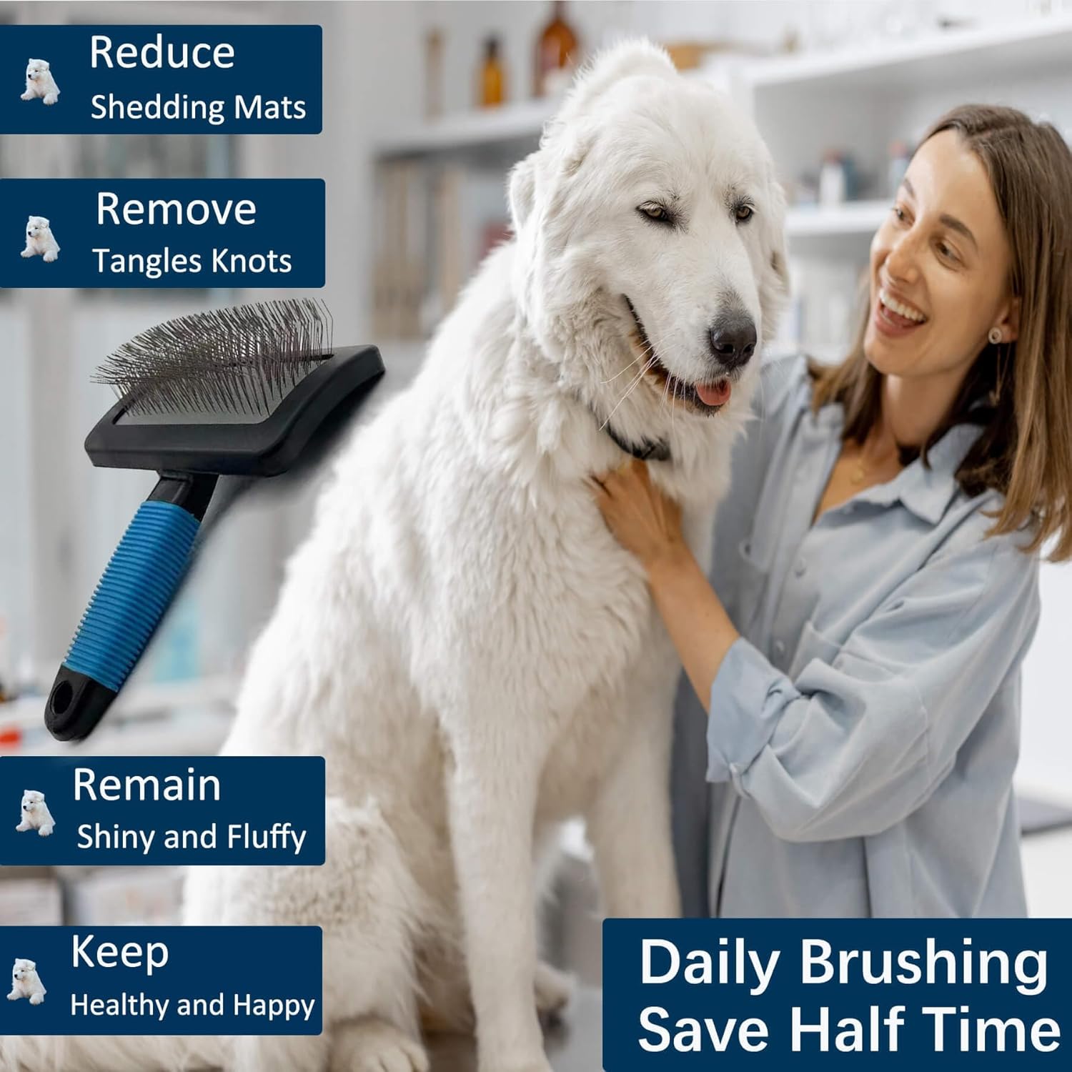 Dog Brush for Long Haired Dogs - Large Firm Slicker Brushes for Poodles, Goldendoodles & Shedding Grooming - Soft Massage Stainless Steel Pins (25mm/1") - Gentle Pet Grooming Wire